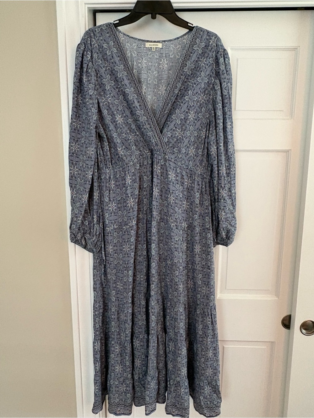 Max Studio Slate Blue Printed V-Neck Maxi Dress